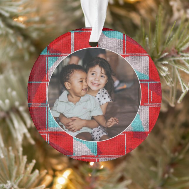 Merry Christmas Red Knit Knitting Family Photo Ornament (Tree)