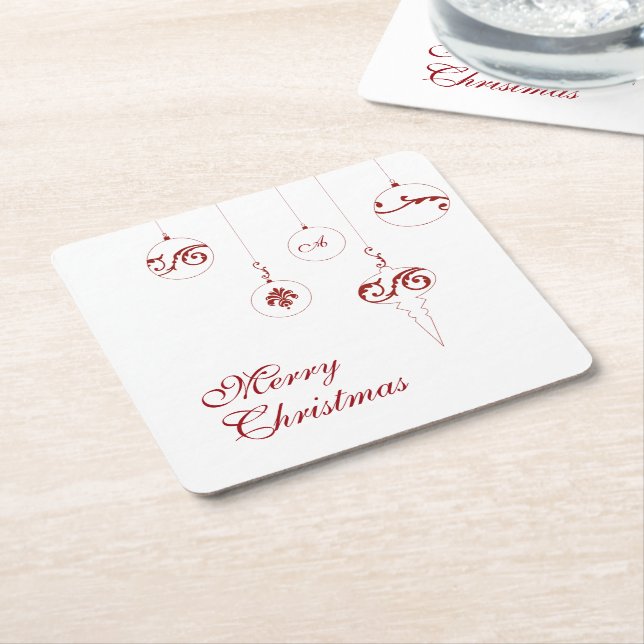 Merry Christmas Red Monogram Bauble Ornaments Square Paper Coaster (Angled)
