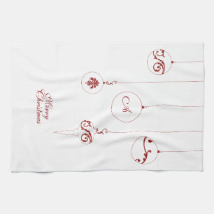 Merry Christmas Red Monogram Bauble Ornaments Tea Towel