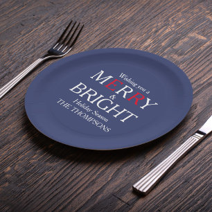 Merry Christmas Red Navy Blue Simple Minimalist  Paper Plate