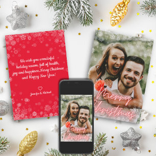 merry christmas red neon script holiday photo card