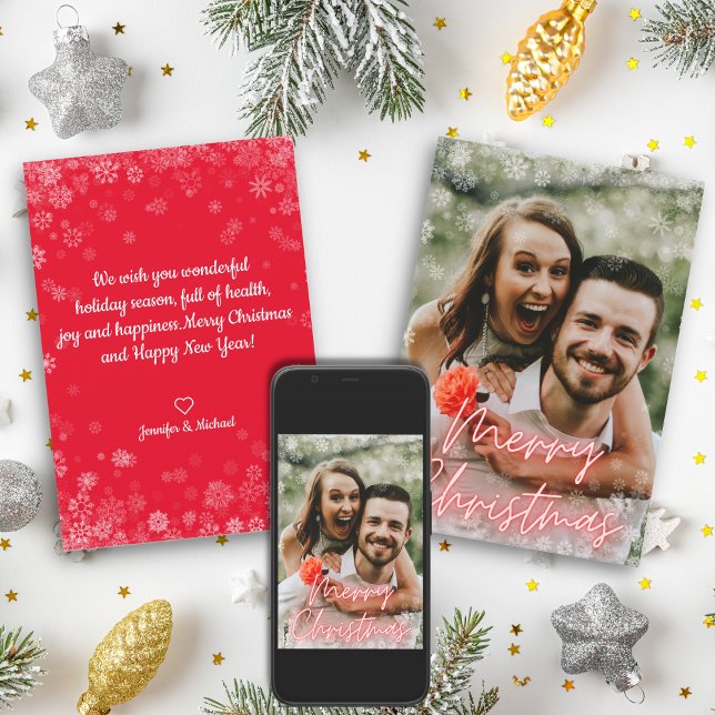 merry christmas red neon script holiday photo card (Creator Uploaded)
