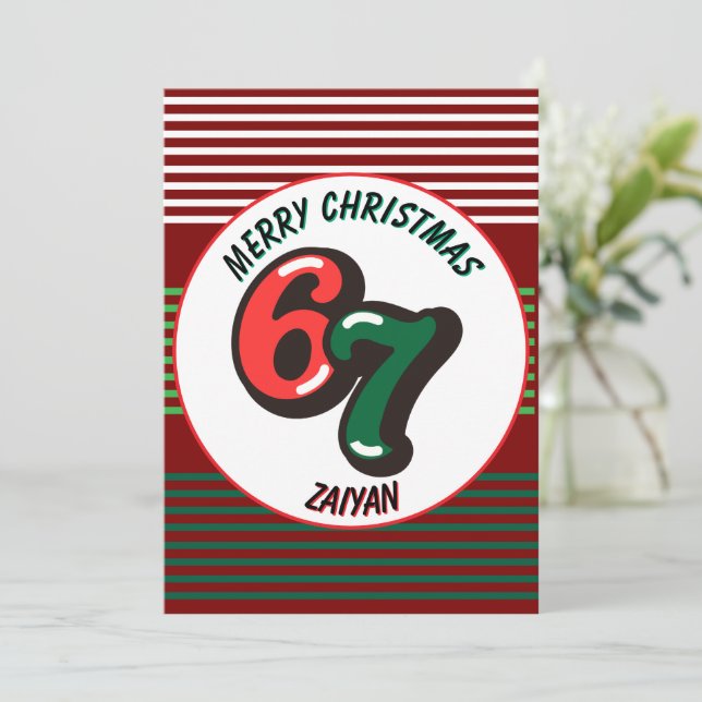 Merry Christmas Red Numbers 6 & 7 Custom Name Holiday Card (Standing Front)