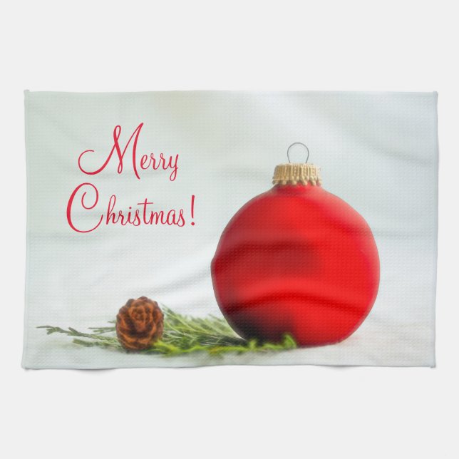 Merry Christmas Red Ornament Kitchen Towel (Horizontal)