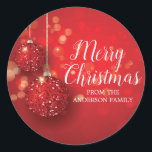 Merry Christmas Red Ornament Sticker<br><div class="desc">Elegant modern Merry Christmas red glitter ornament set on a red bokeh background Sticker a beautiful handwritten font!   tchristmas lights.</div>