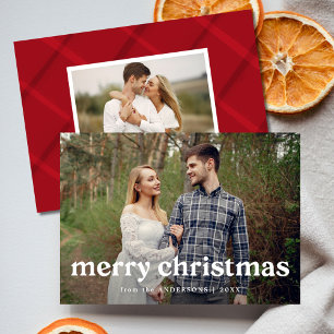 Merry Christmas Red Painted Plaid 2 Photo Holiday Card