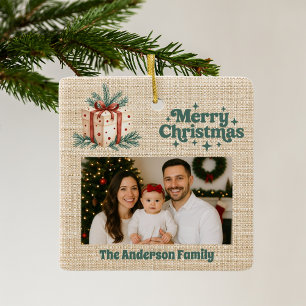 Merry Christmas red photo beige burlap gift box Ceramic Ornament