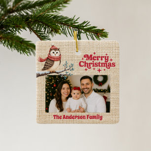 Merry Christmas red photo beige burlap owl Ceramic Ornament