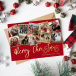 Merry Christmas Red Photo Collage<br><div class="desc">Elegant christmas holiday gold foil card featuring a classic red background,  a 10 square photo collage capturing memories throughout the year,  the seasons greetings 'merry christmas',  family name,  and the year.</div>