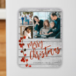 Merry Christmas red photo collage rustic  Magnet<br><div class="desc">Rustic stylish Merry Christmas handwritten calligraphy script 3 family photos barn wood holiday festive keepsake magnet with your custom personalised text featuring a crimson red holy berries branch.</div>