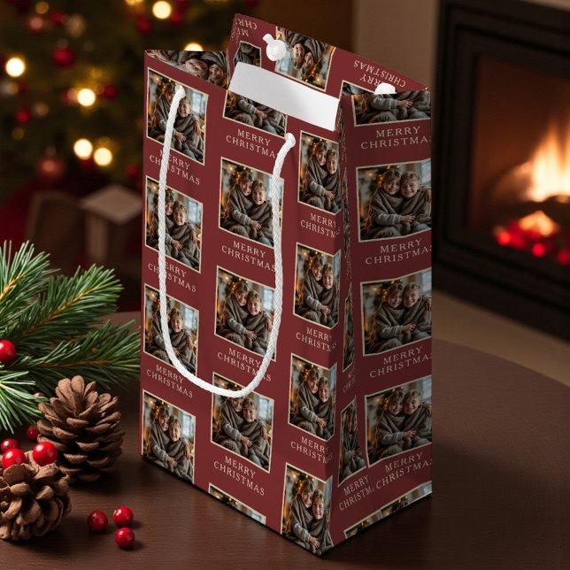 Merry Christmas Red Photo Holiday Small Gift Bag (Creator Uploaded)