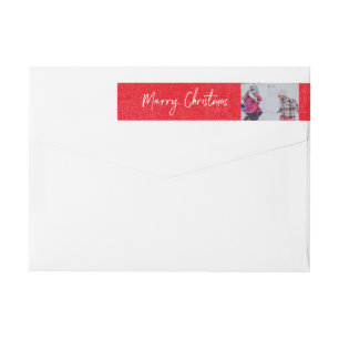 Merry Christmas Red & Picture Snow Name Address Wrap Around Label