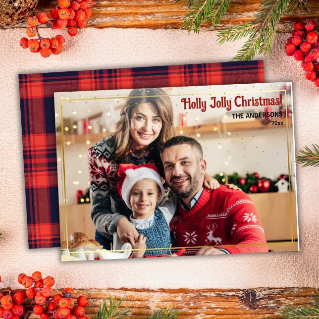 Merry Christmas red plaid 1 photo gold frame Holiday Card (Front/Back )