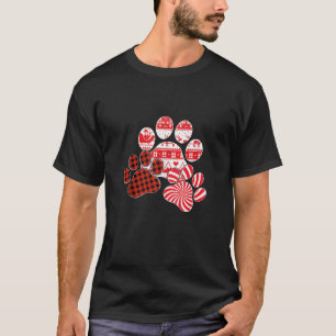 Merry Christmas Red Plaid Candy Cane Dog Paw Print T-Shirt