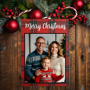 merry Christmas red  plaid custom family photo Holiday Card