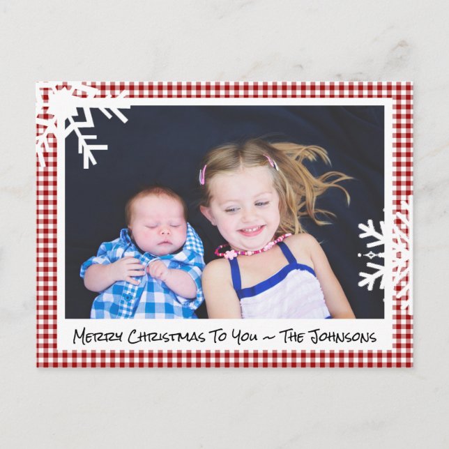 Merry Christmas Red Plaid Family Photo Card (Front)