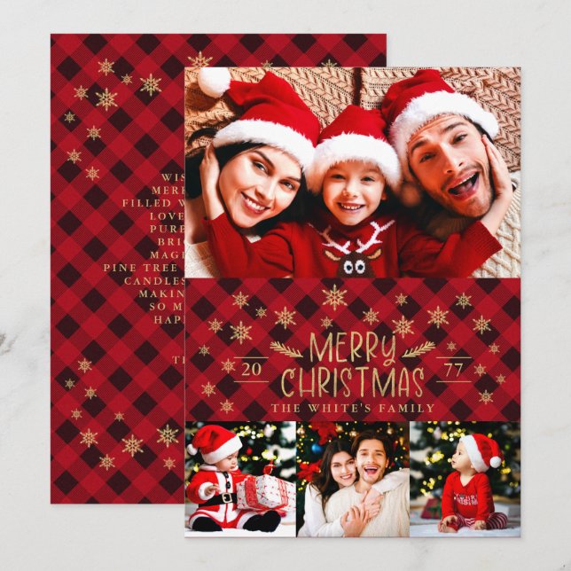 Merry Christmas Red Plaid Gold Snowflakes 4 Photos Holiday Card (Front/Back)