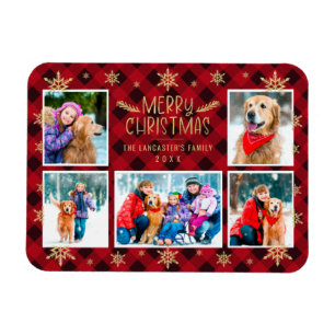 Merry Christmas Red Plaid Gold Snowflakes 5 Photo Magnet