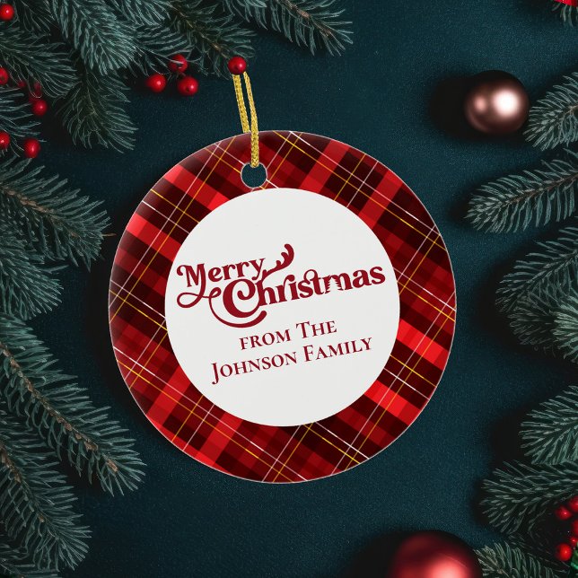 Merry Christmas Red Plaid Personalised Keepsake Ceramic Tree Decoration (Creator Uploaded)