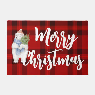 Merry christmas Red plaid scottish polar bear cute Doormat