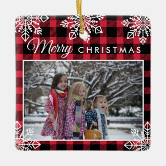 Merry Christmas Red Plaid Snowflakes 2 Photo Ceramic Ornament