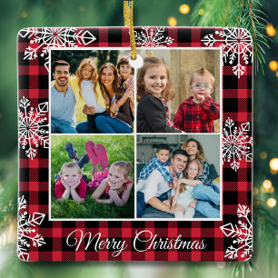 Merry Christmas Red Plaid Snowflakes 4 Photo Ceramic Ornament