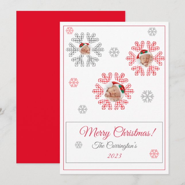Merry Christmas Red Plaid Snowflakes Photo Holiday (Front/Back)
