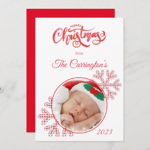 Merry Christmas Red Plaid Snowflakes Photo Holiday