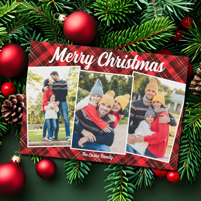 Merry Christmas Red Plaid Tartan 3 Photo Holiday Card (Creator Uploaded)