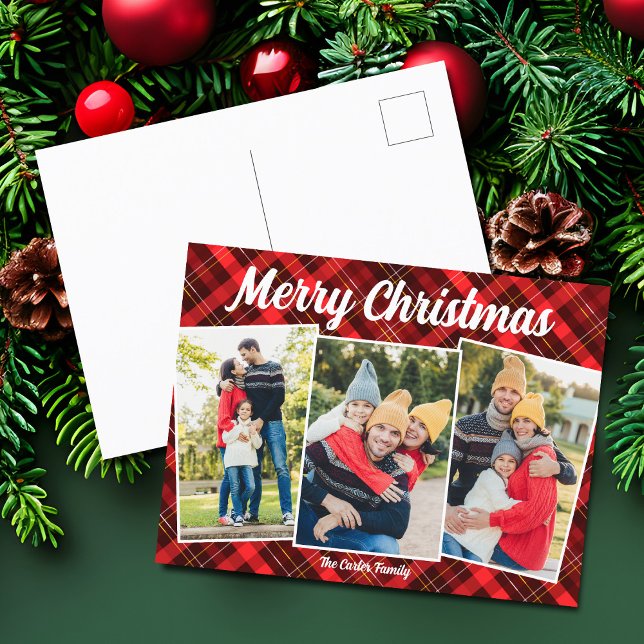 Merry Christmas Red Plaid Tartan 3 Photo Holiday Postcard (Creator Uploaded)