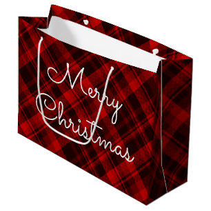 Merry Christmas Red Plaid Tartan Large Gift Bag