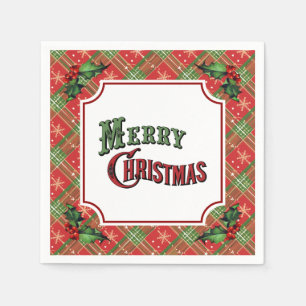 Merry Christmas Red Plaid with Holly Napkin