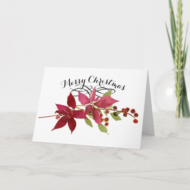 Merry Christmas Red Poinsettia Floral Inside Photo Holiday Card (Front)
