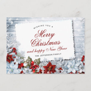 Merry Christmas Red Poinsettia Rustic Holiday Card
