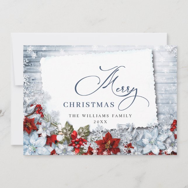 Merry Christmas Red Poinsettia Rustic Wood Holiday Card (Front)