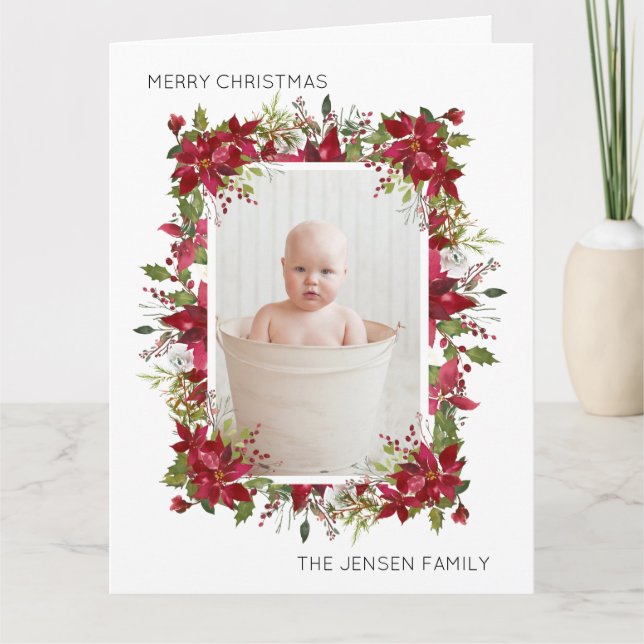 Merry Christmas Red Poinsettias Greenery White Card (Front)
