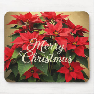 Merry Christmas Red Poinsettias Mouse Pad