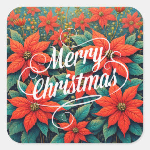Merry Christmas, Red Poinsettias, Square Sticker
