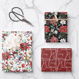 Merry Christmas, Red Pointsettia Coordinated Wrapping Paper Sheet