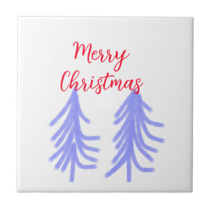 Merry Christmas red purple pastel pine tree waterc Tile