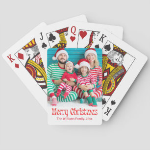 merry christmas red retro script photo holiday playing cards
