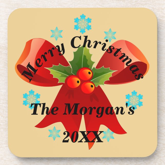 Merry Christmas Red Ribbon Holly Leaf Coaster (Front)
