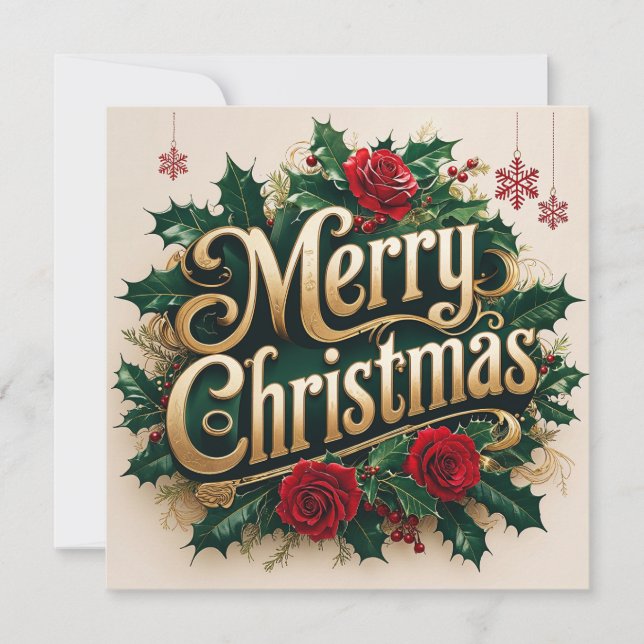 Merry Christmas Red Roses and Berries  Holiday Card (Front)