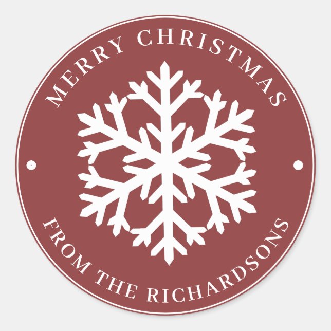 Merry Christmas Red Round White Snowflake Classic Round Sticker (Front)