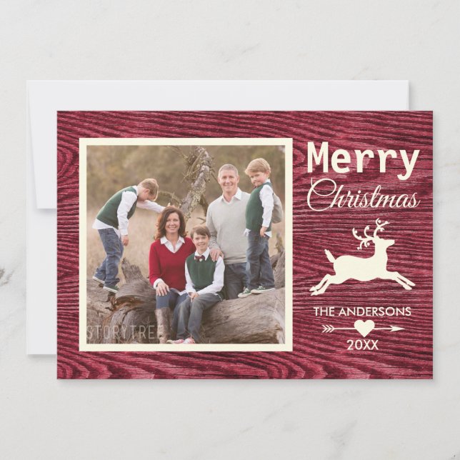Merry Christmas Red Rustic Wood Family Photo Holiday Card (Front)