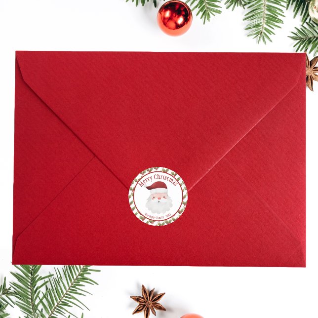 Merry Christmas Red Santa Claus Classic Round Sticker (Christmas Santa Claus Sticker the you can easily personilze.)
