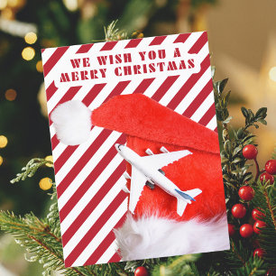 Merry Christmas Red Santa Hat & Aeroplane,Stripes Holiday Postcard