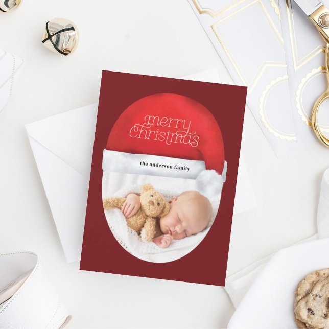 Merry Christmas Red Santa Hat Photo Script Holiday Card (Creator Uploaded)