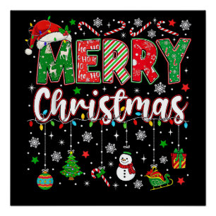 Merry Christmas Red Santa Hat Reindeer Santa Match Poster