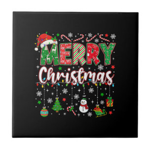 Merry Christmas Red Santa Hat Reindeer Santa Match Tile